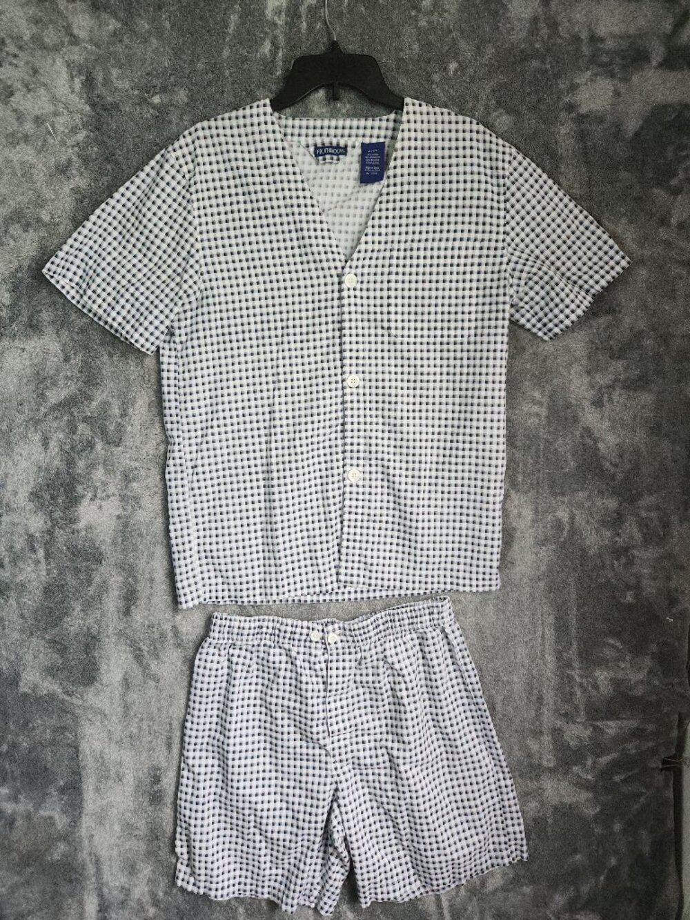 Fruit of the Loom Mens Short Sleeve & Shorts Pajamas Set Plaid Gingham Small EUC